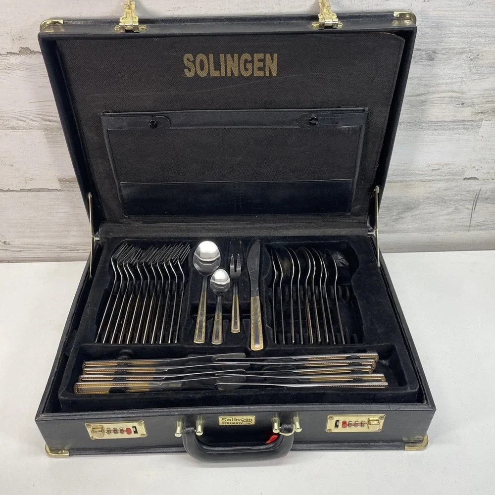 Solingen Germany 18/10 Stainless Gold Trim Flatware 66 Piece‎ Set with Case